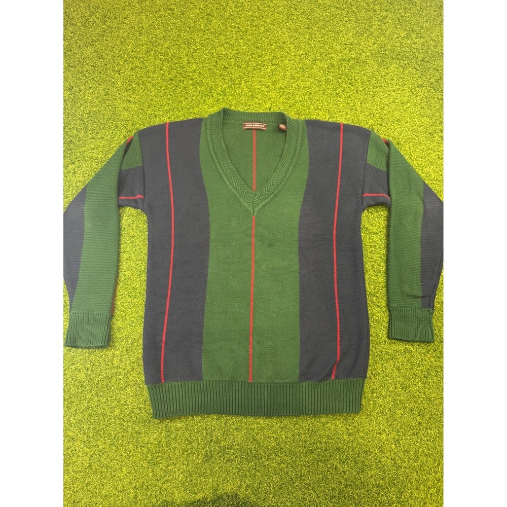 Vintage 90's John Ashford V-Neck Sweater Mens Large Green Navy 100% Cotton